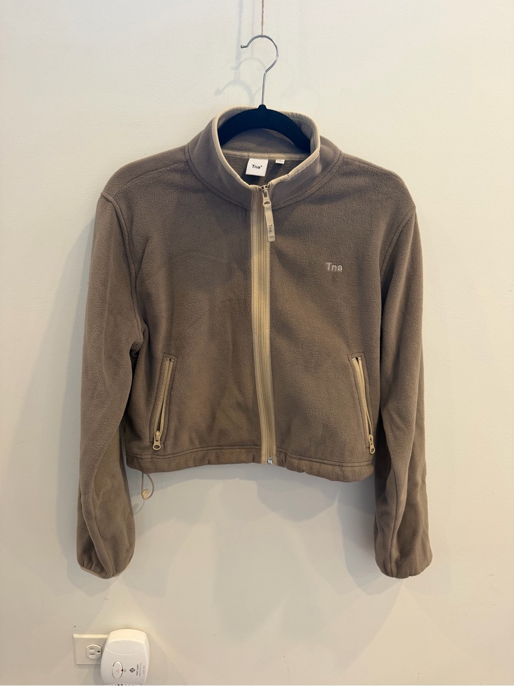 Aritzia TNA Cropped Taupe Fleece Zip-Up Jacket